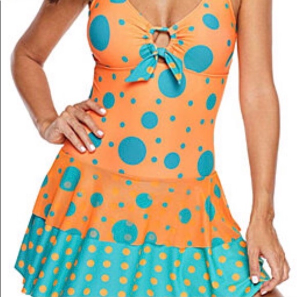 Teal & Orange Polka Dot One-Piece Swim Dress - Size Medium - Picture 4 of 9